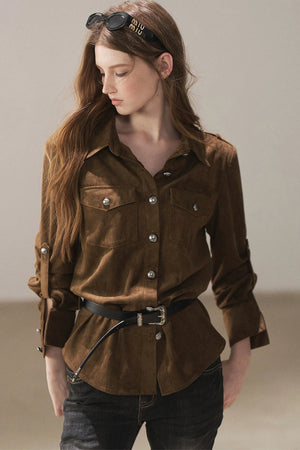 Brown Faux Suede Shirt Jacket