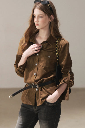 Brown Faux Suede Shirt Jacket