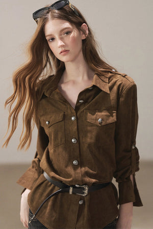Brown Faux Suede Shirt Jacket