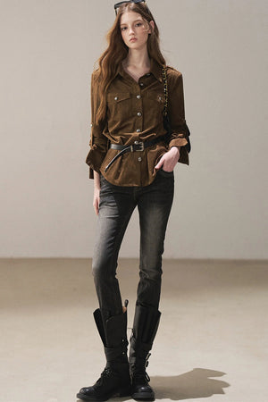 Brown Faux Suede Shirt Jacket
