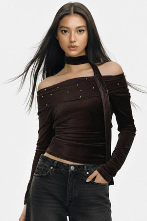 Brown Flocked Off-Shoulder Top