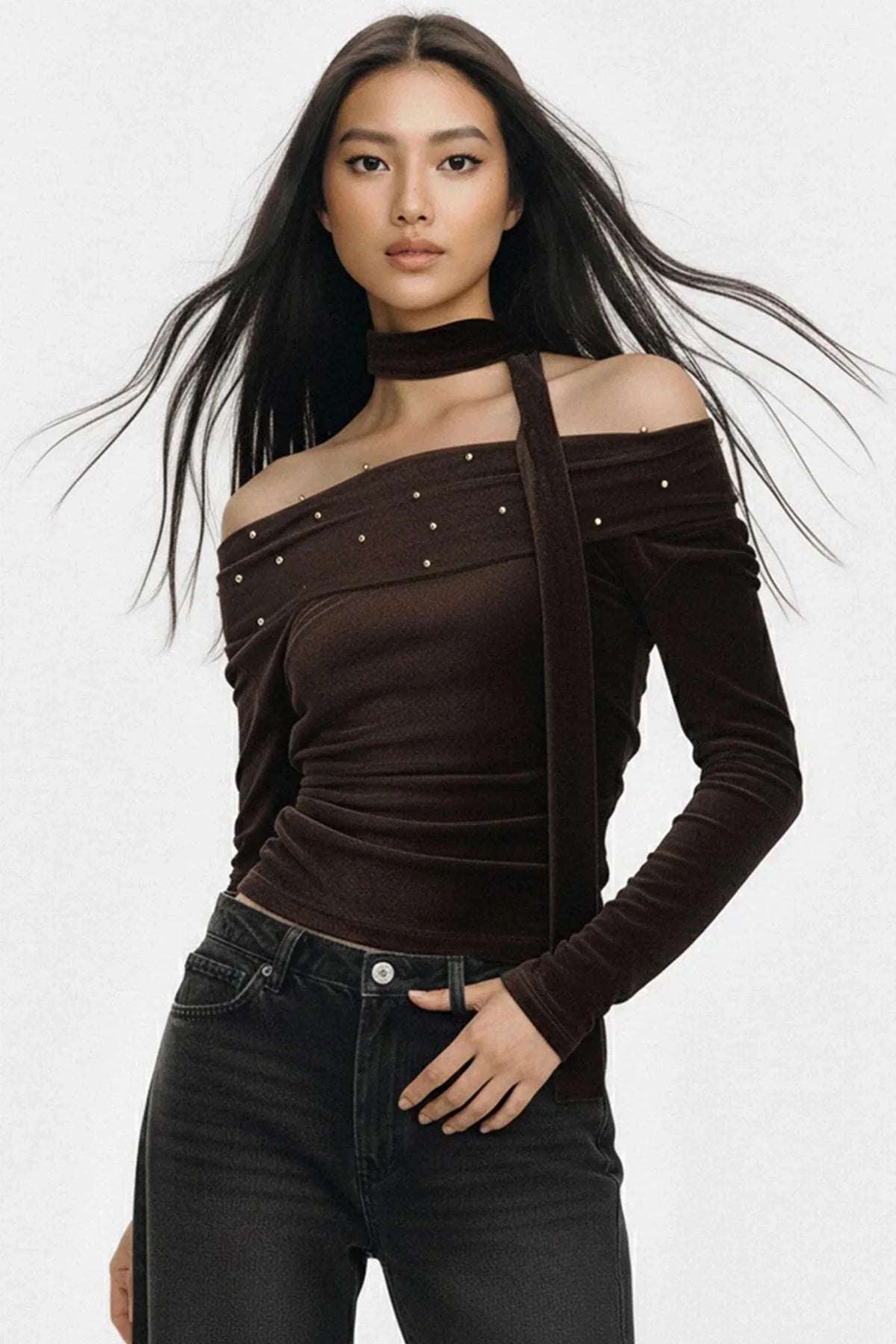 Brown Flocked Off-Shoulder Top