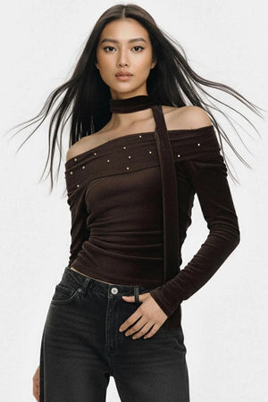 Brown Flocked Off-Shoulder Top