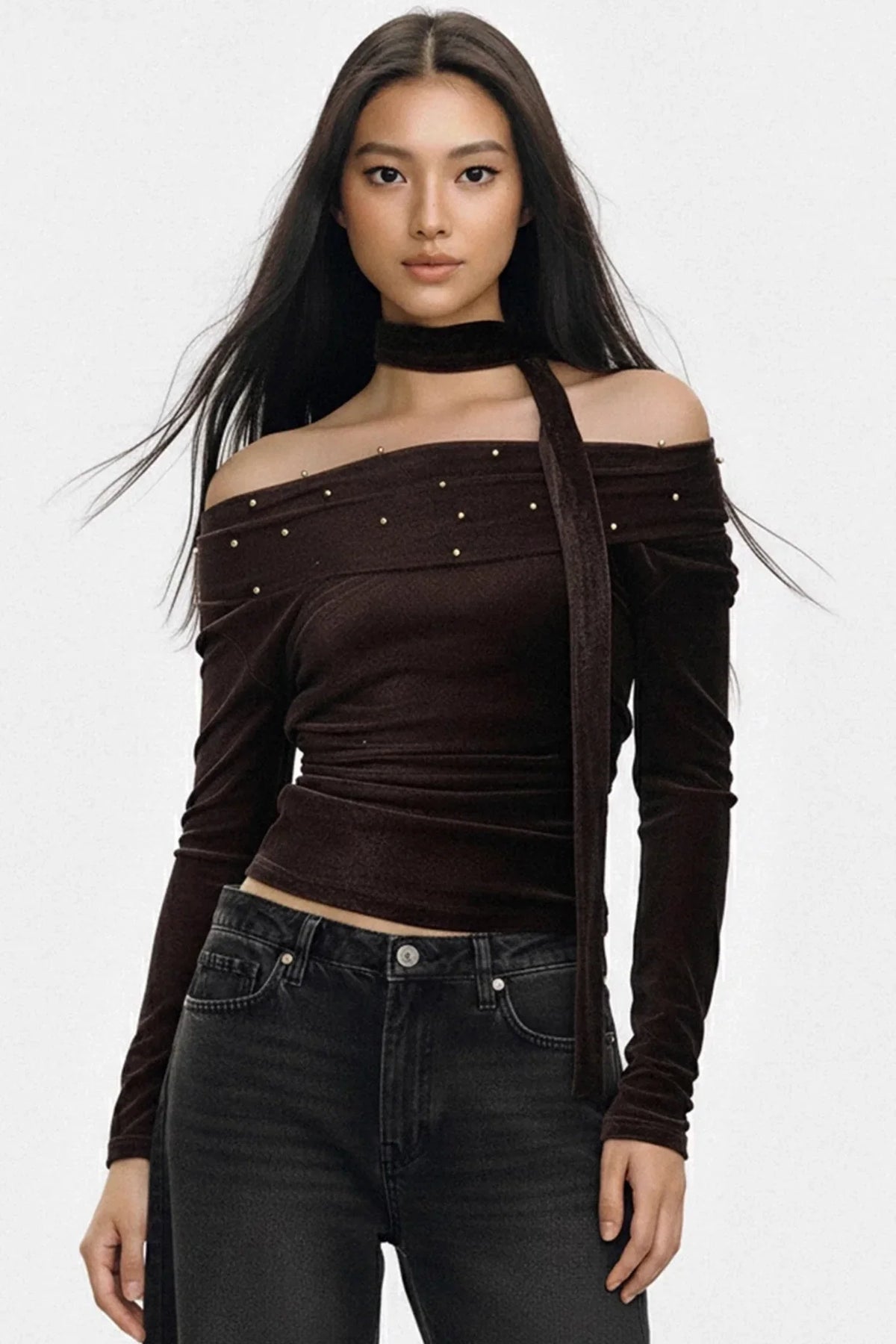 Brown Flocked Off-Shoulder Top