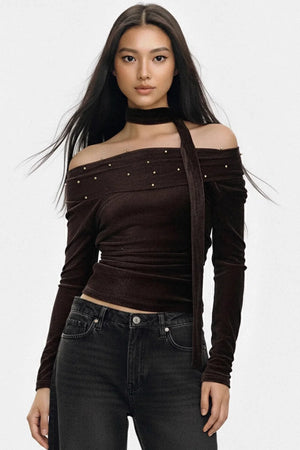 Brown Flocked Off-Shoulder Top