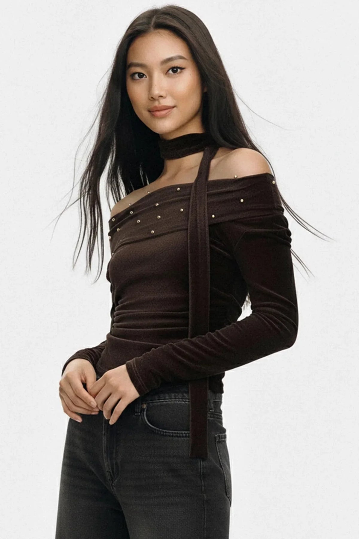 Brown Flocked Off-Shoulder Top