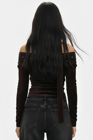 Brown Flocked Off-Shoulder Top