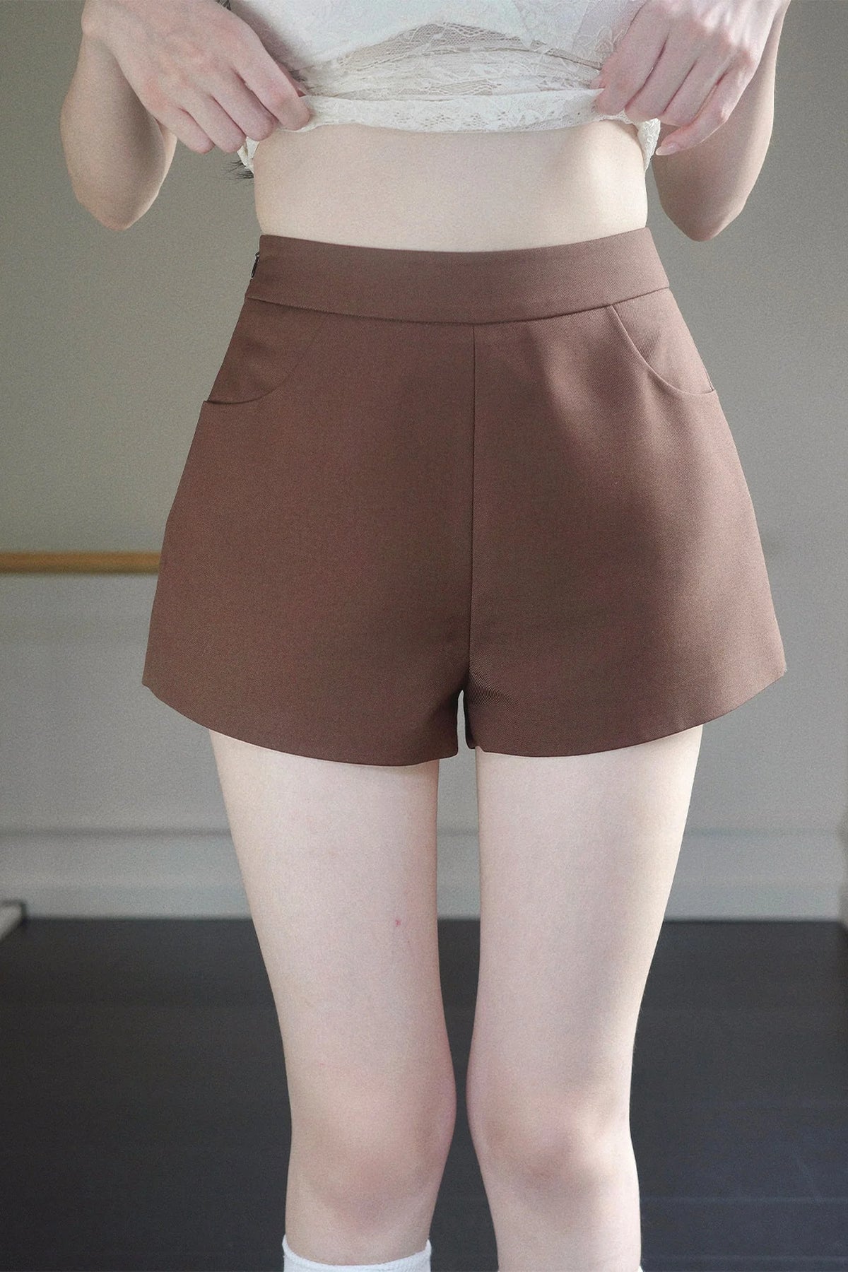 Brown High-Waisted A-Line Wide-Leg Shorts