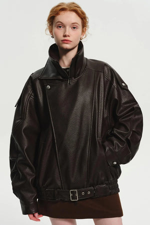 Brown Pebbled Leather Biker Jacket