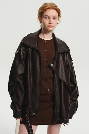 Brown Pebbled Leather Biker Jacket