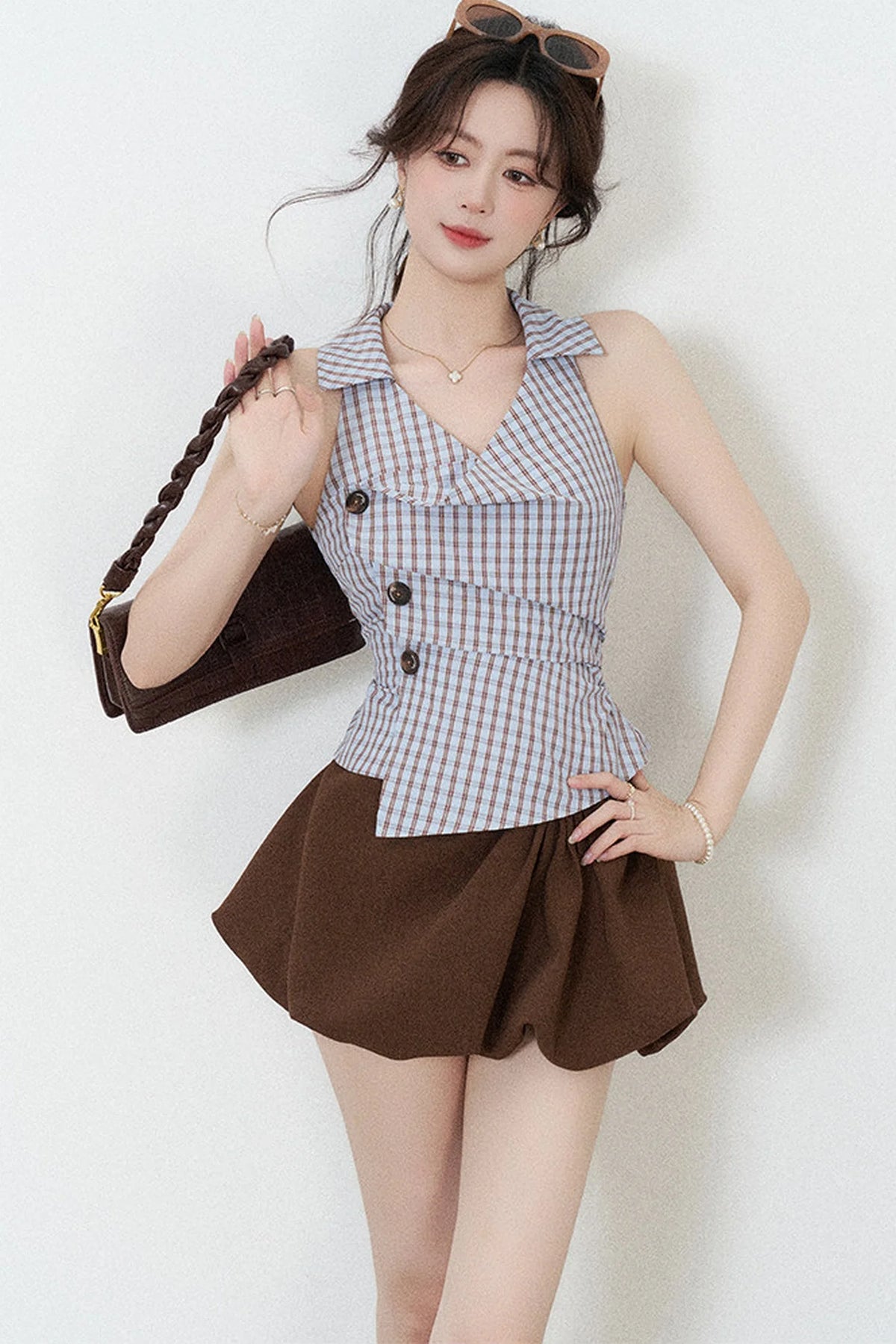 Brown Pleated Flower Bud Skirt