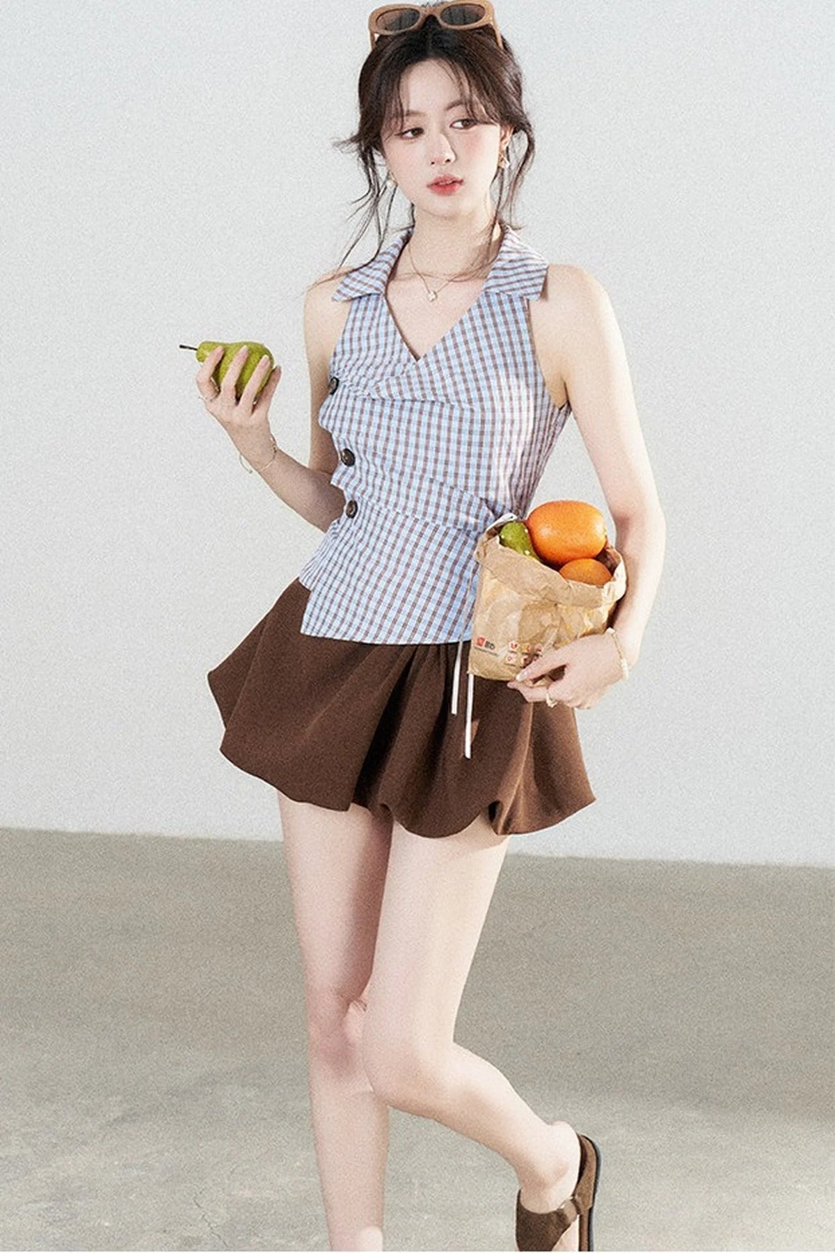 Brown Pleated Flower Bud Skirt