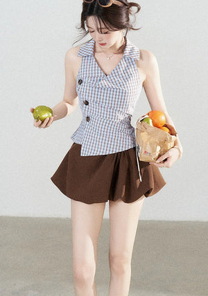 Brown Pleated Flower Bud Skirt