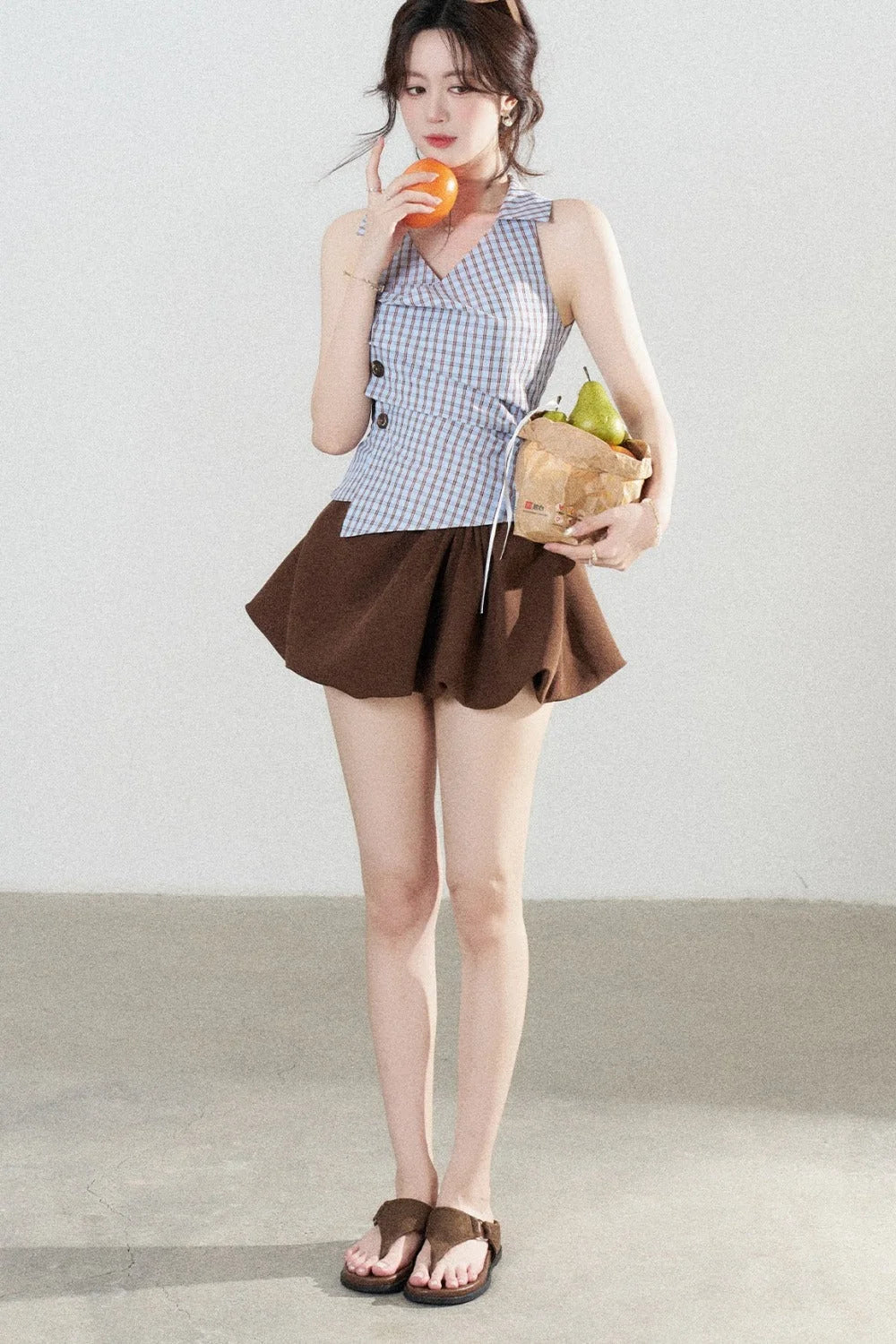 Brown Pleated Flower Bud Skirt