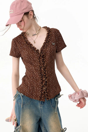Brown Polka Dot Lace Blouse