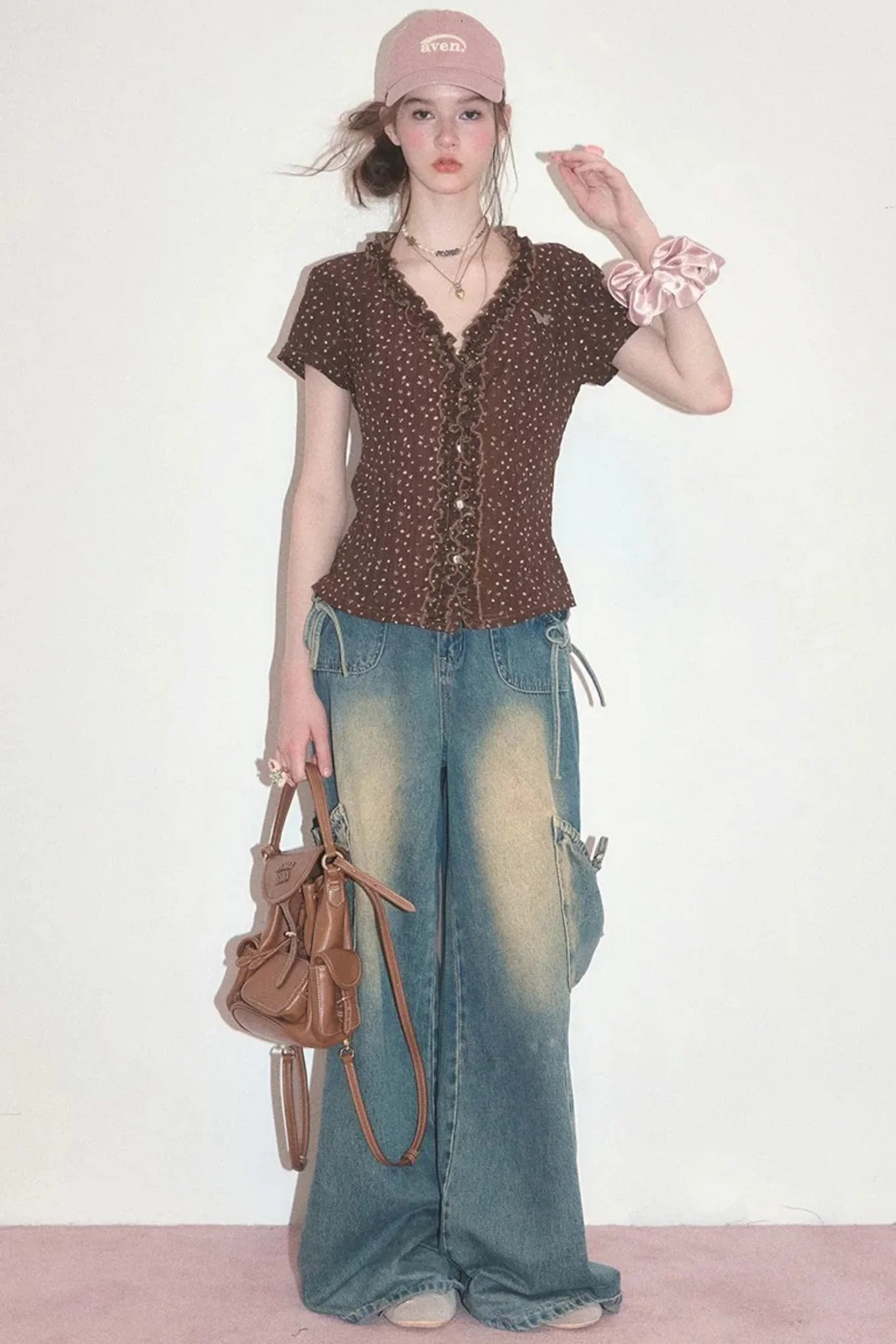 Brown Polka Dot Lace Blouse