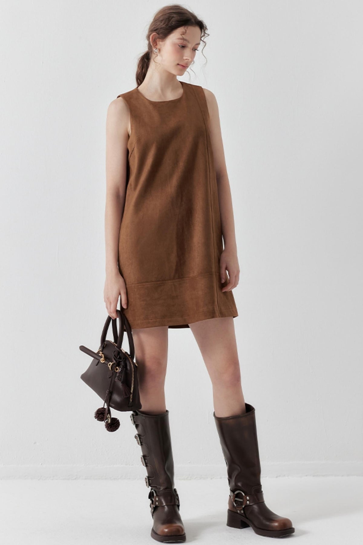 Brown Suede Patchwork Mini Dress