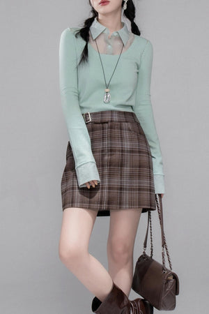 Brushed Plaid Brown Skirt
