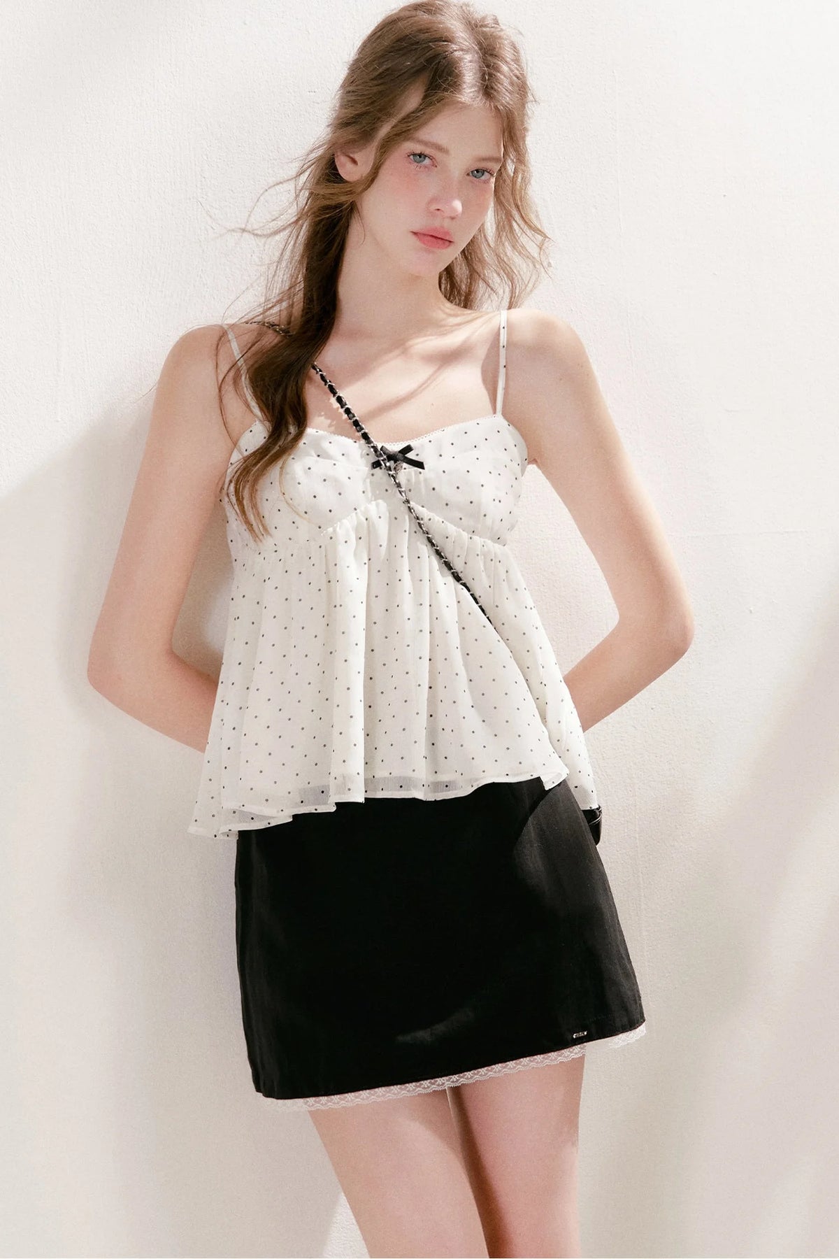 Bubble Polka Dot Ruched Chiffon Camisole Set-Up