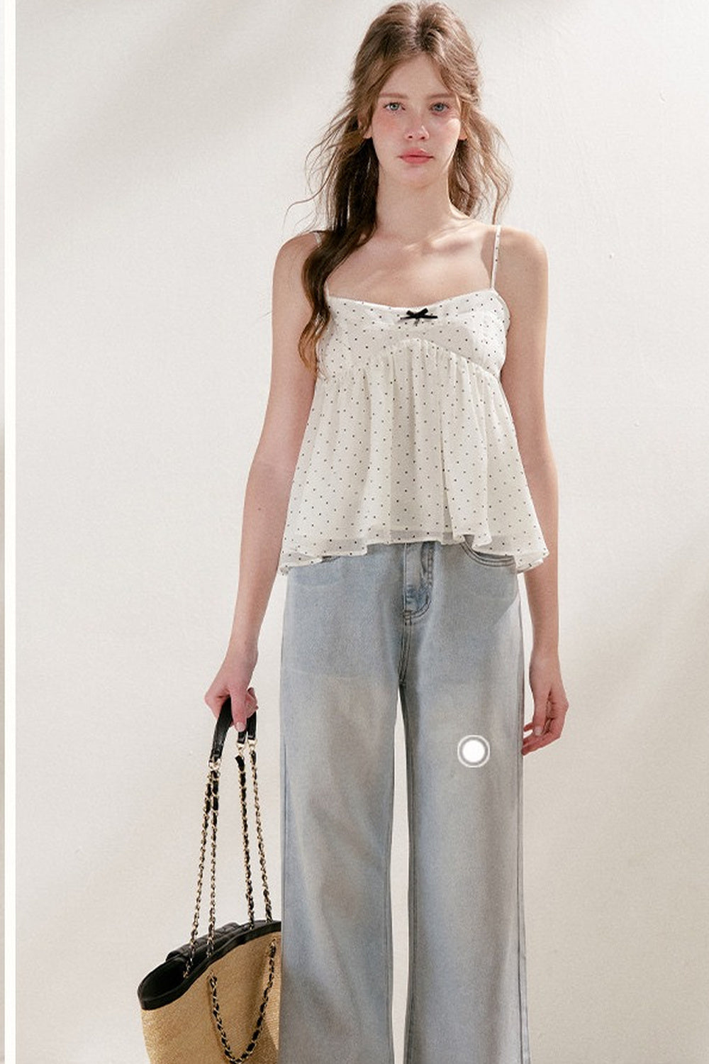 Bubble Polka Dot Ruched Chiffon Camisole Set-Up
