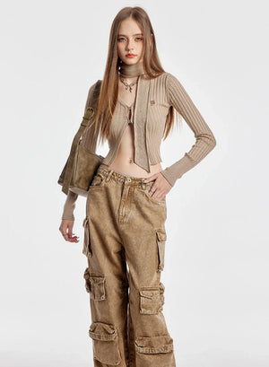 Buckle Placket Khaki Cardigan Top