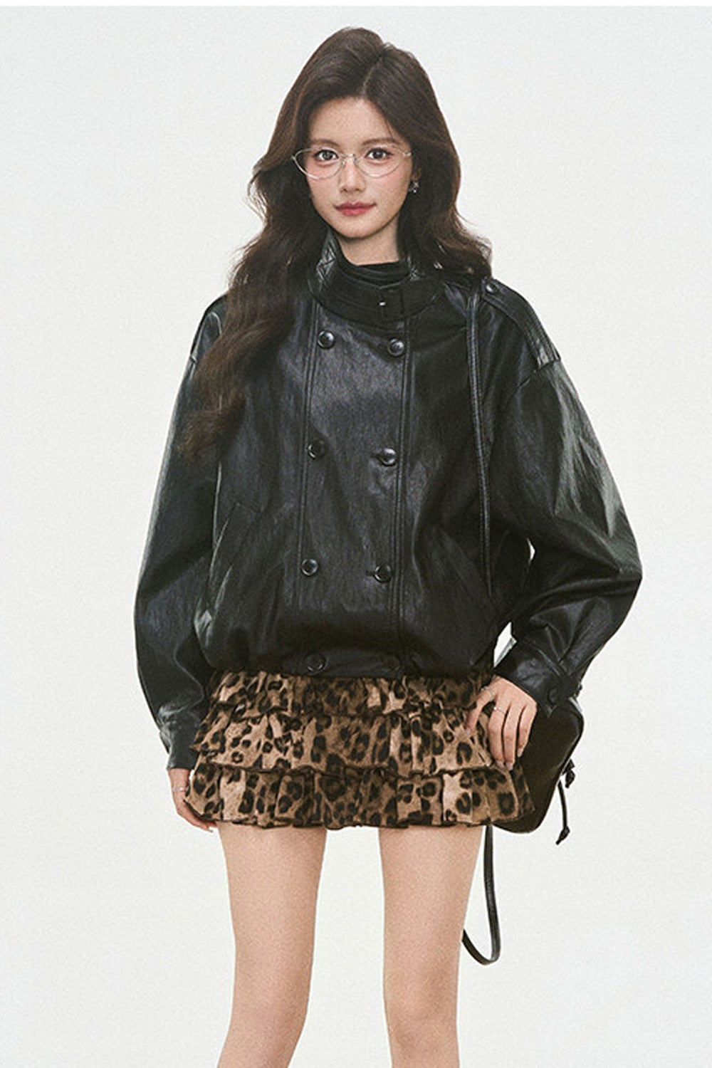 Bud-Shaped Leather Jacket and Leopard Tiered Skirt Set-Up