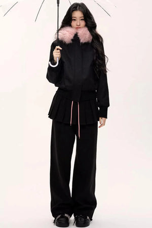 Burgundy Black Fur Collar Coat Set-Up