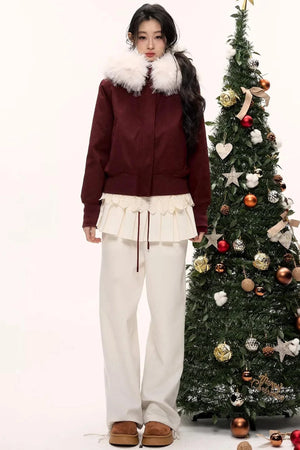 Burgundy Black Fur Collar Coat Set-Up