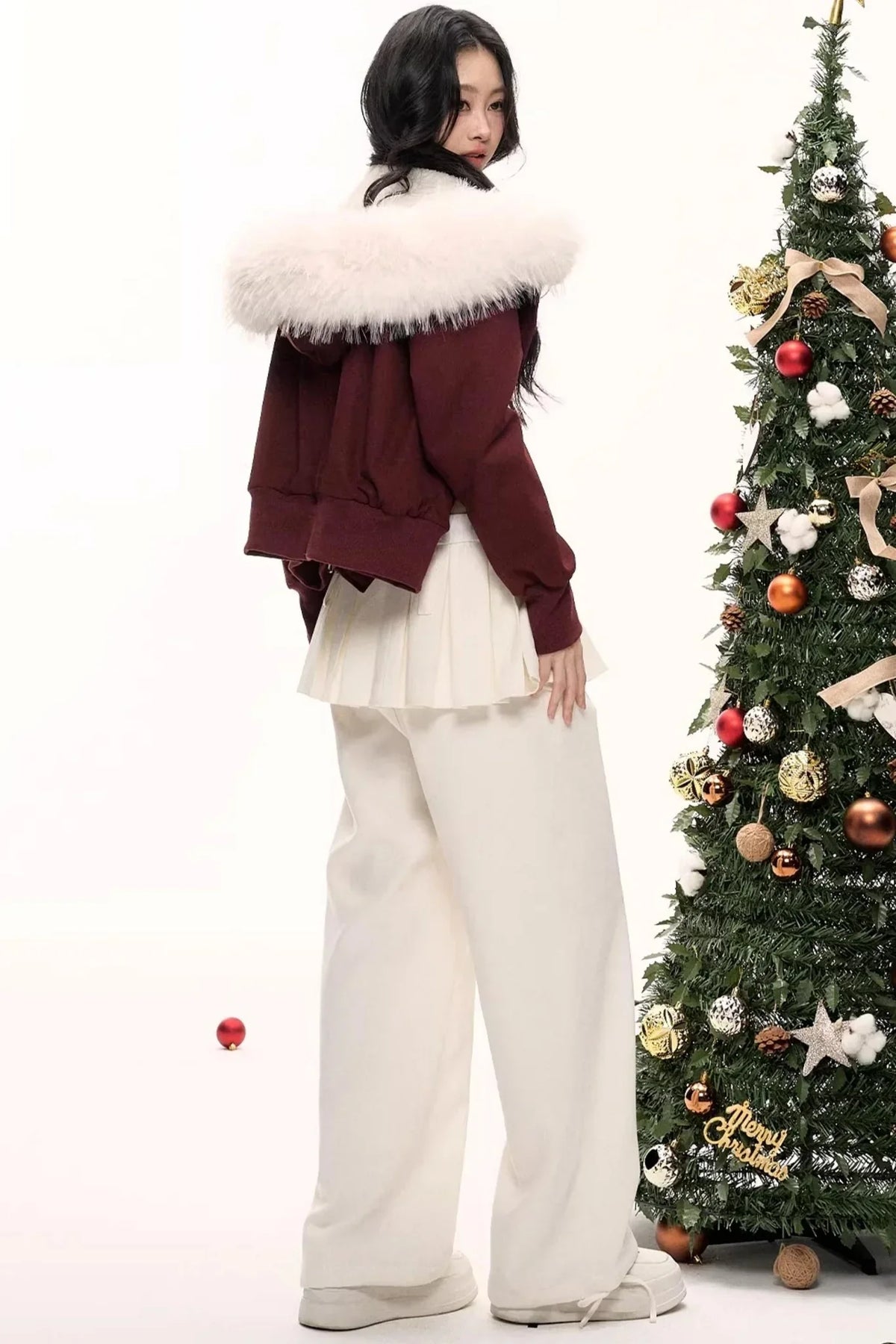 Burgundy Black Fur Collar Coat Set-Up