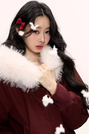 Burgundy Black Fur Collar Coat Set-Up