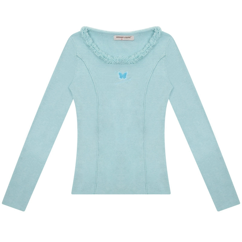 Butterfly embroidery slim thin knitted base shirt