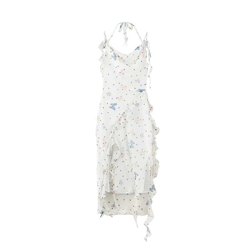 Butterfly Floral Halter Chiffon Maxi Dress