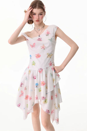 Butterfly Floral Off-Shoulder Irregular Hem Dress