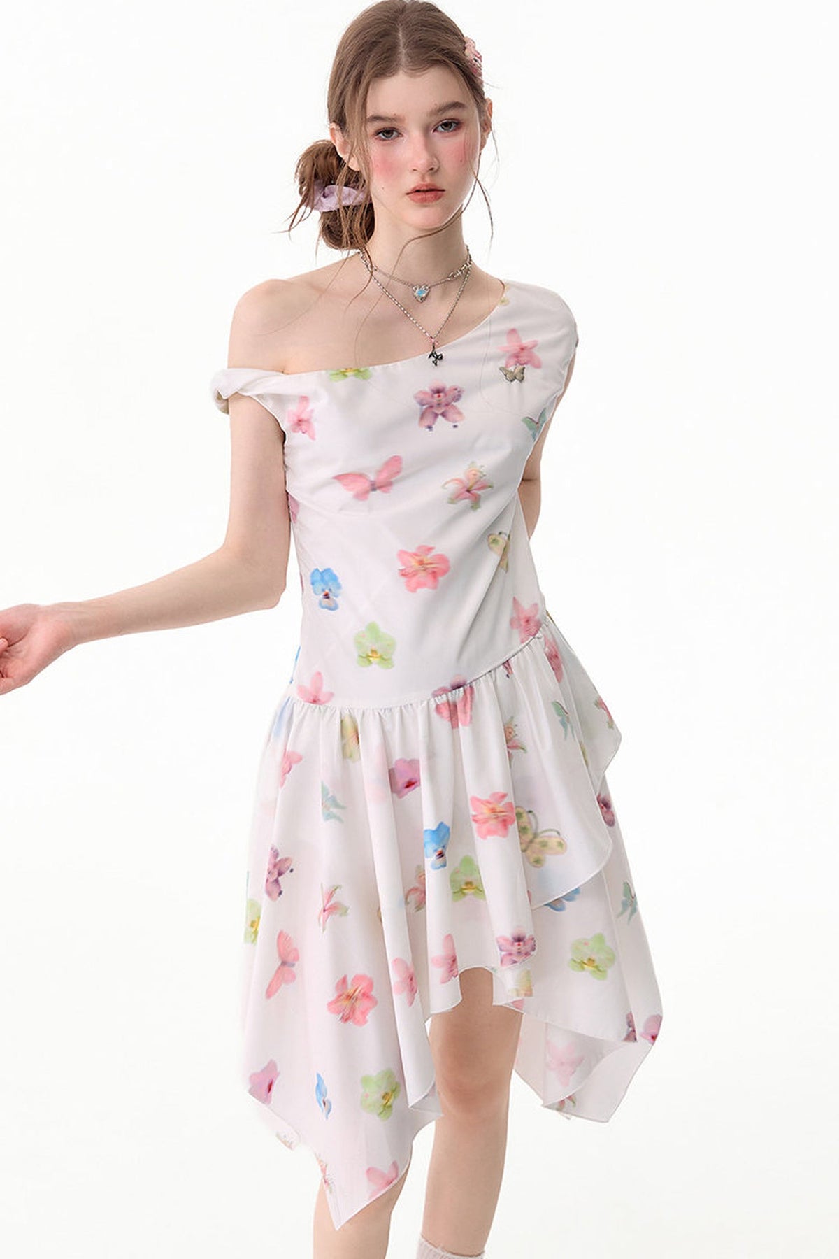Butterfly Floral Off-Shoulder Irregular Hem Dress