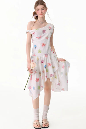 Butterfly Floral Off-Shoulder Irregular Hem Dress