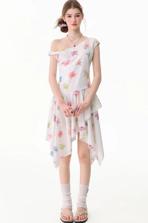 Butterfly Floral Off-Shoulder Irregular Hem Dress
