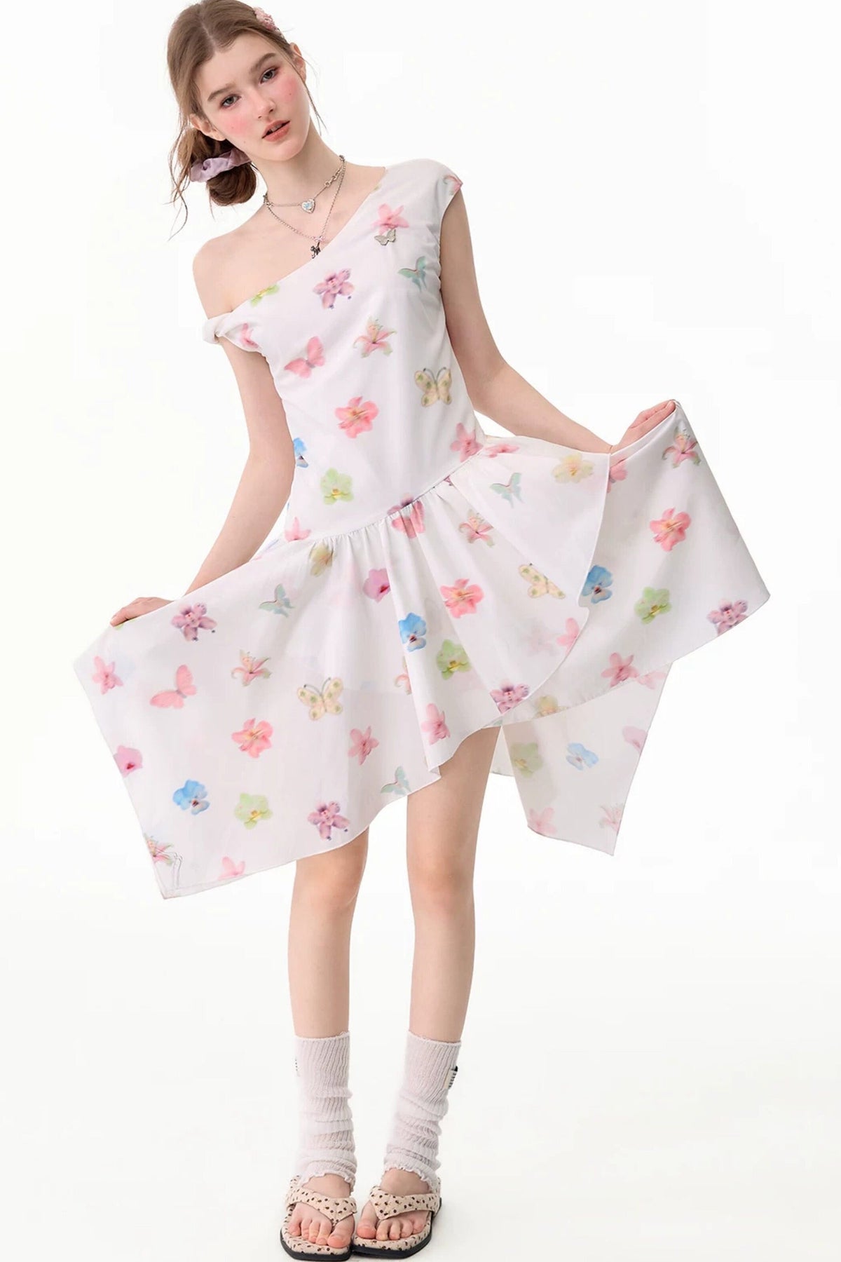 Butterfly Floral Off-Shoulder Irregular Hem Dress