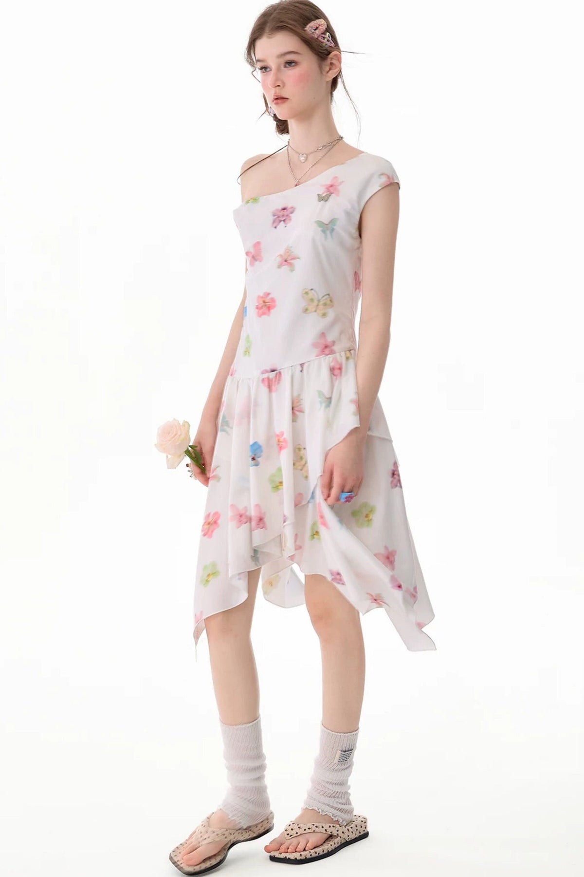 Butterfly Floral Off-Shoulder Irregular Hem Dress