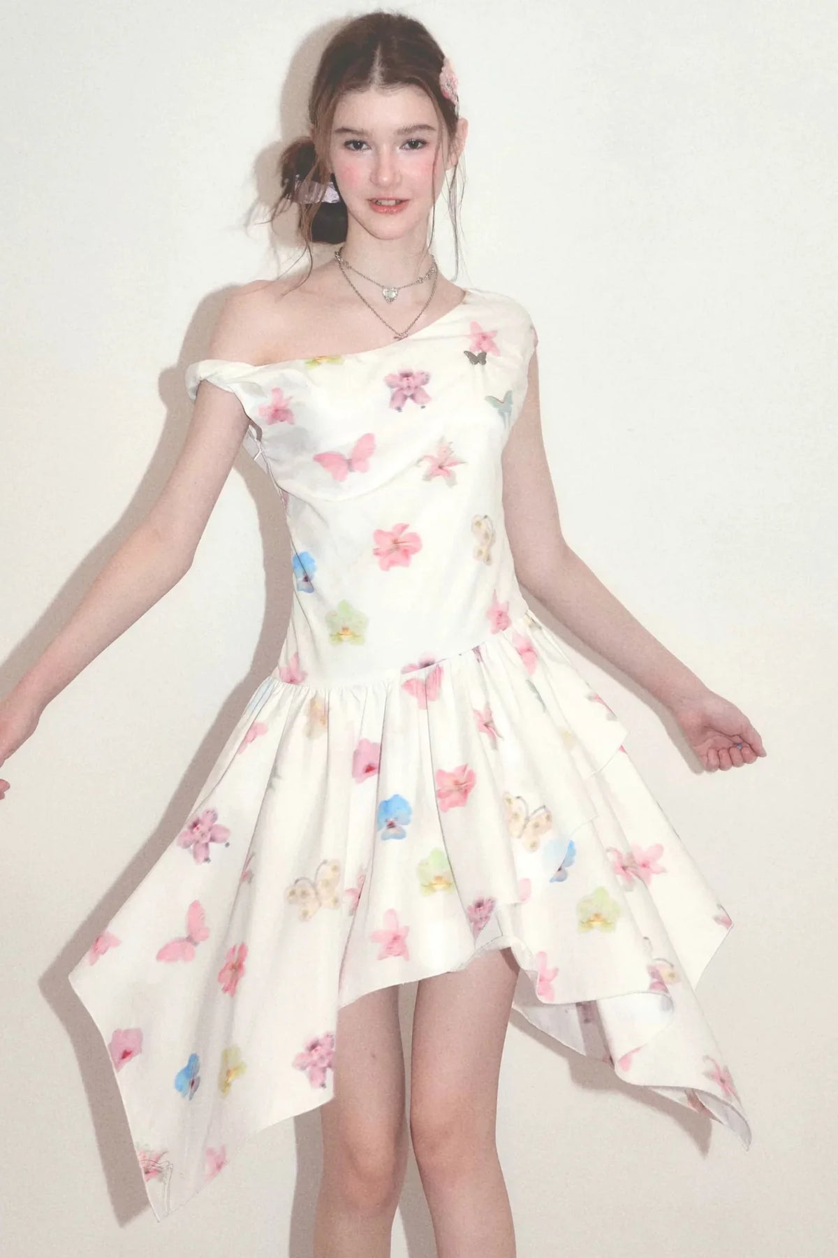 Butterfly Floral Off-Shoulder Irregular Hem Dress