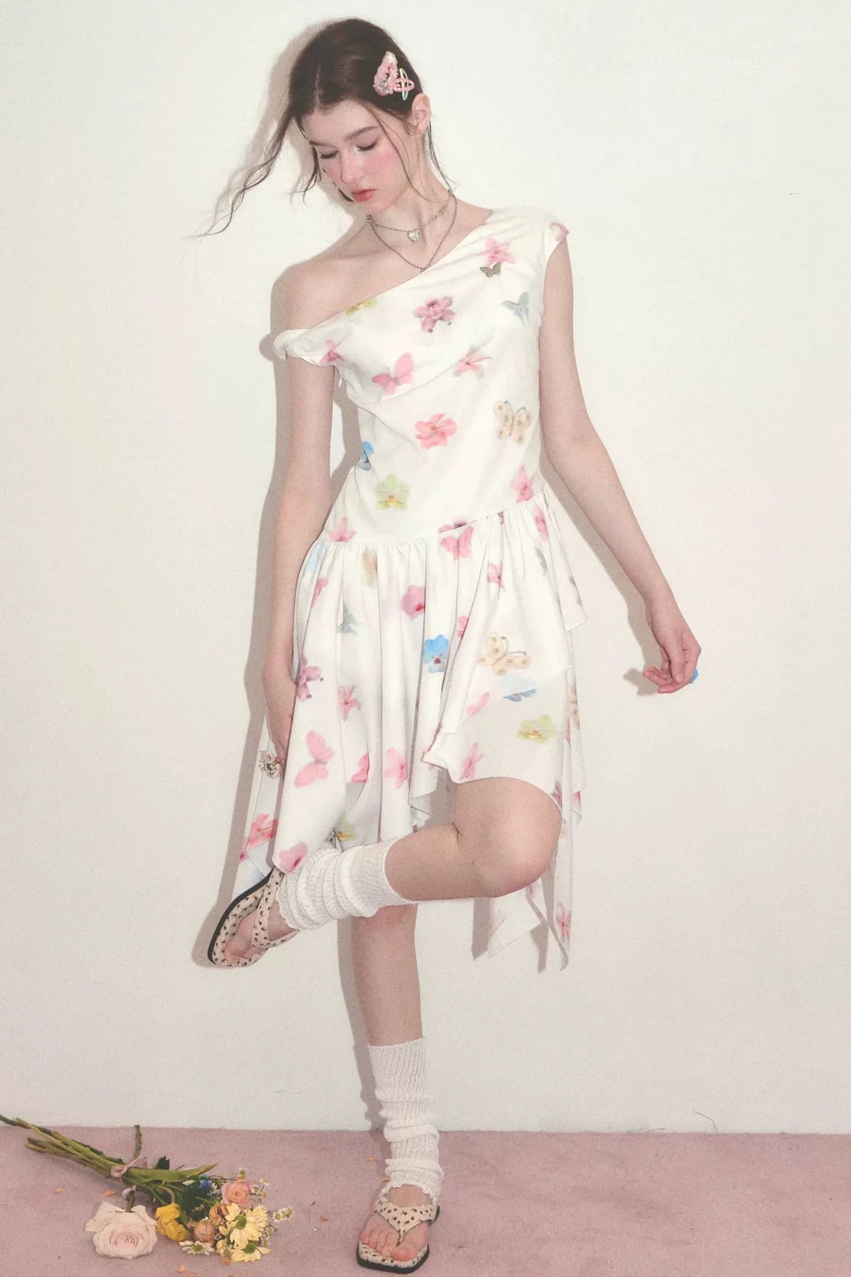 Butterfly Floral Off-Shoulder Irregular Hem Dress