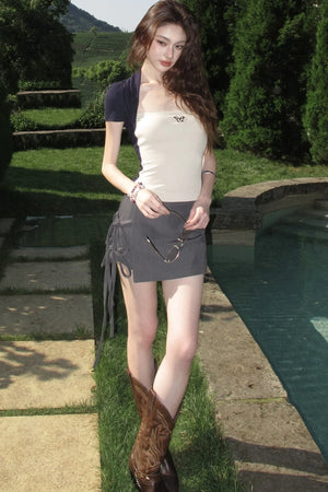 Butterfly Logo Contrasting Color Blouse and Skirt Set-Up