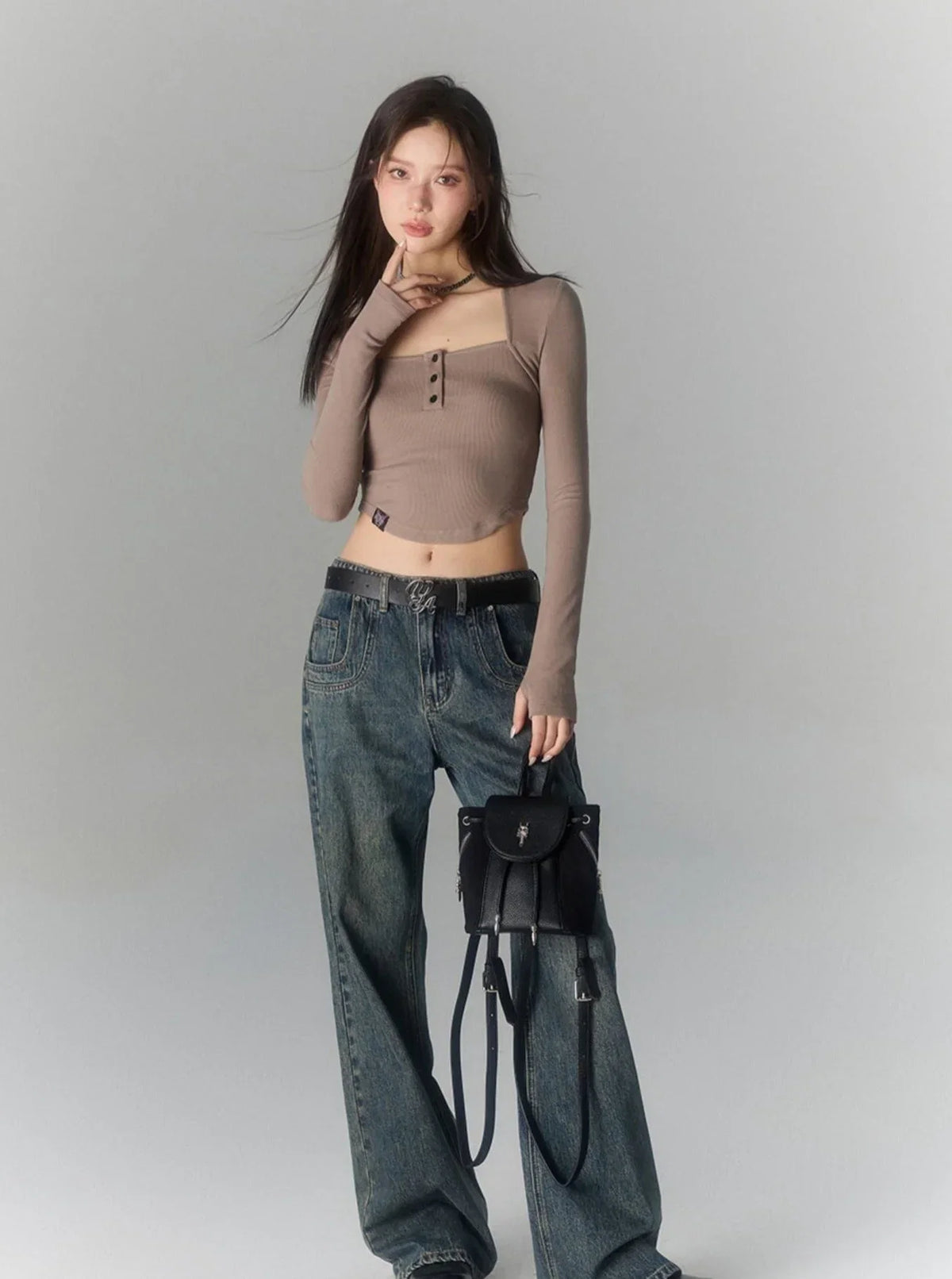 Button-embellished Square Neck Casual T-Shirt