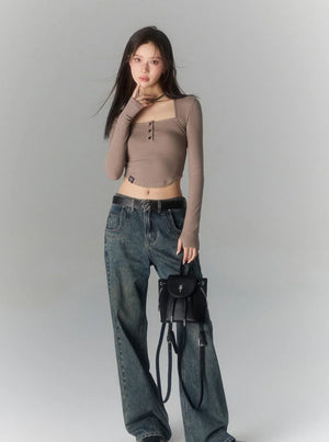 Button-embellished Square Neck Casual T-Shirt