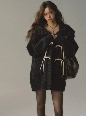Button Knitted Lapel Cable Thermal Jacket