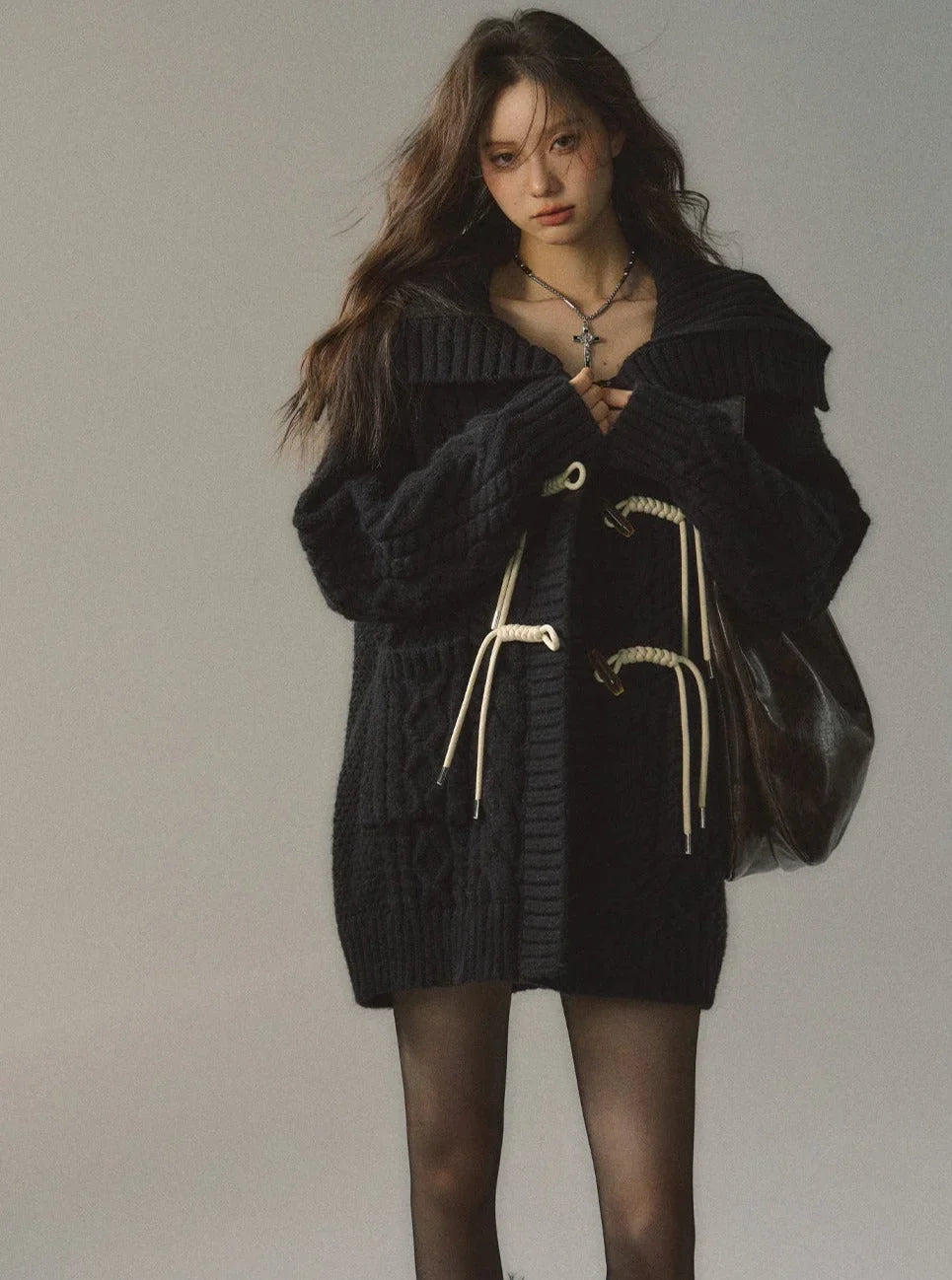 Button Knitted Lapel Cable Thermal Jacket