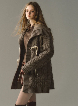 Button Knitted Lapel Cable Thermal Jacket