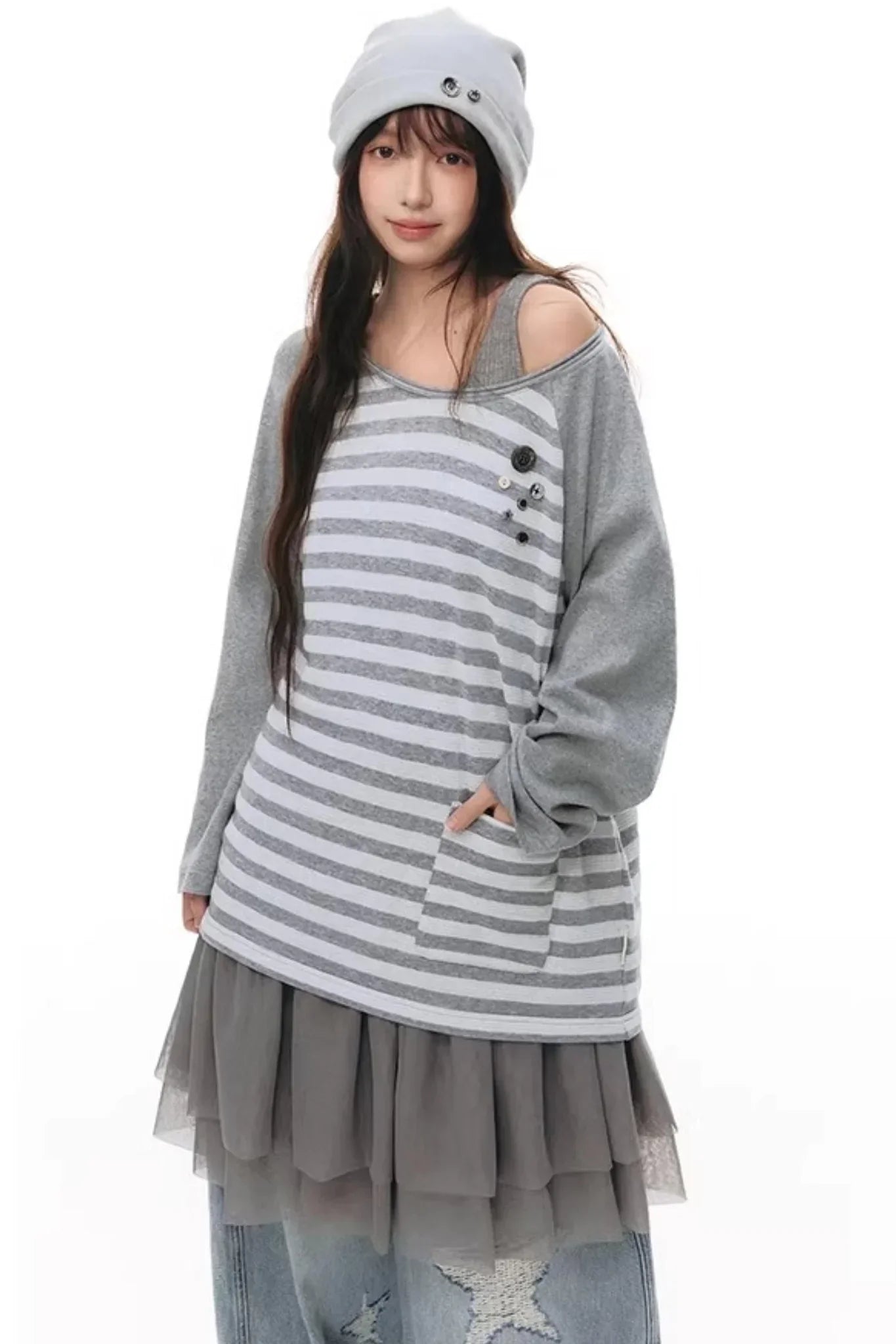 Button Striped Off-Shoulder Top