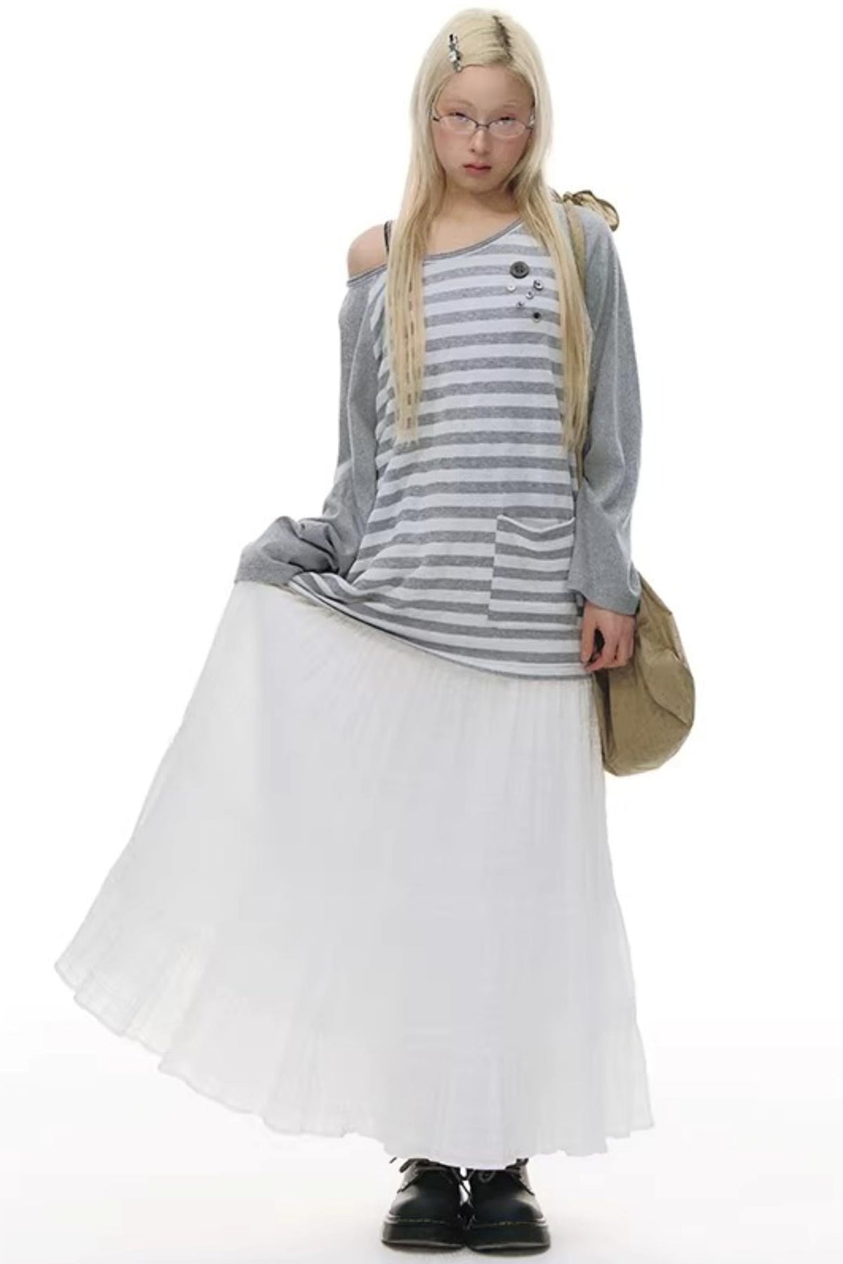 Button Striped Off-Shoulder Top