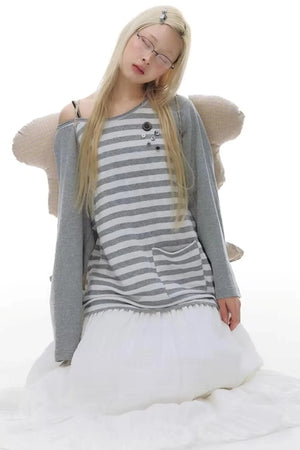 Button Striped Off-Shoulder Top