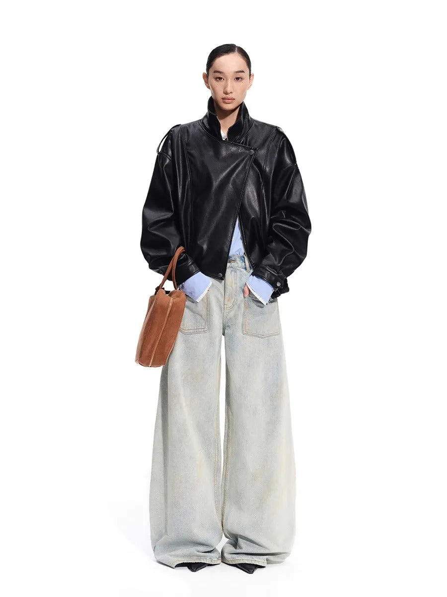 "Rose Series" Oversized Collar Faux Leather Jacket